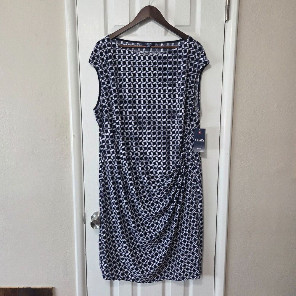 CHAPS Womens 22W Navy Geo Faux Wrap Jersey Dress NWT $115 Plus Size